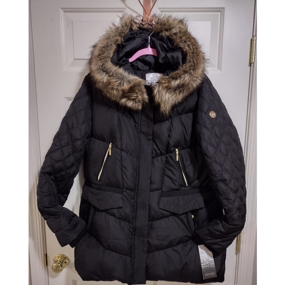 Kensie Women's Faux Fur Trim Puffer Coat Size XL NWT